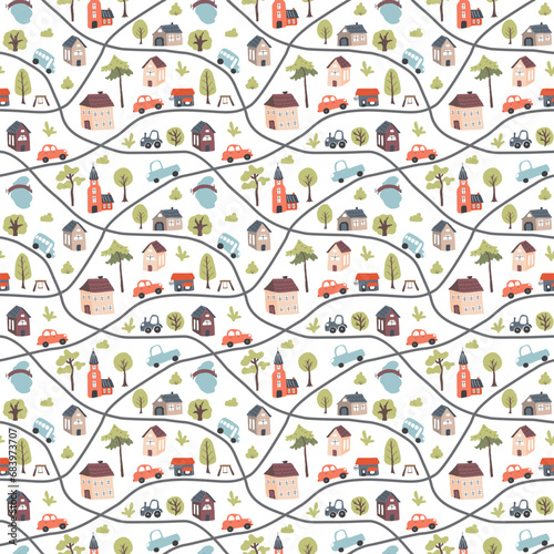 Cute city map Seamless Pattern, Cartoon town landscape background, vector Illustration.