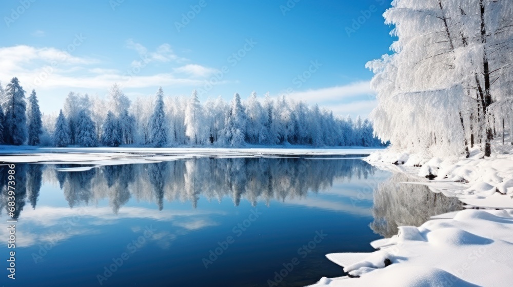  a lake surrounded by snow covered trees with a blue sky in the background and a few clouds in the sky.