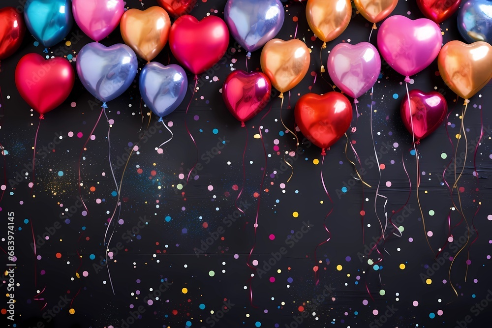 Balloons and confetti, festive and joyful Valentine's Day heart balloons and confetti chalkboard background Balloons and confetti, festive and joyful Valentine's Day heart balloons and confetti chalkboard background