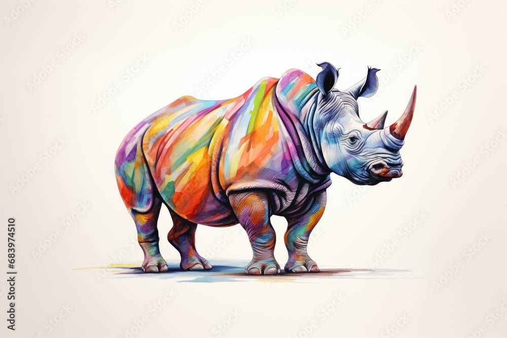 Obraz premium Abstract watercolor illustration of powerful adult multi colored full length rhinoceros with big strong horn isolated on clean white background