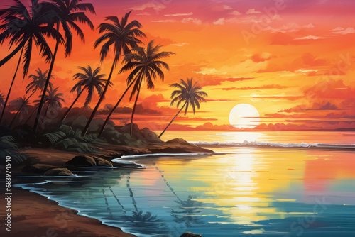 Landscape on the empty ocean shore, sunset on tropical beach with palm trees, featuring warm oranges and yellows reflecting on the tranquil waters, idyllic sense of peace and relaxation