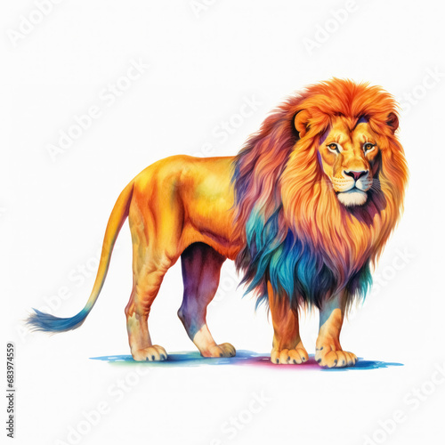 Abstract watercolor illustration of majestic adult multi colored full body lion with huge fluffy mane isolated on pure white background