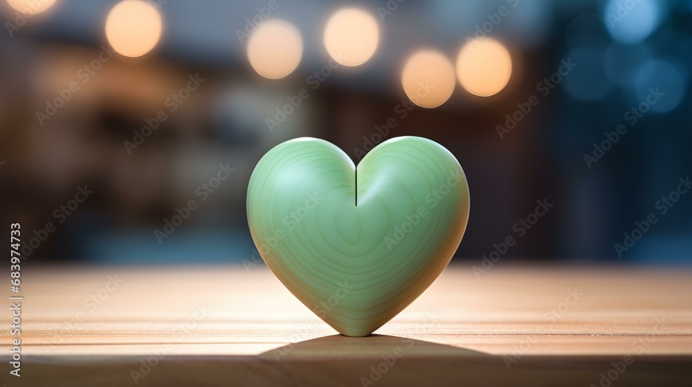 Close up of a light green Heart on a wooden Table. Blurred Background