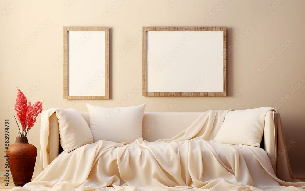White sofa and blank poster frames on wall pastel beige color, interior design of modern living room White sofa and blank poster frames on wall pastel beige color, interior design of modern living room