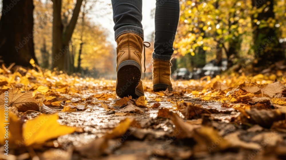  a person walking down a leaf covered path in a park with yellow leaves on the ground and trees in the background.