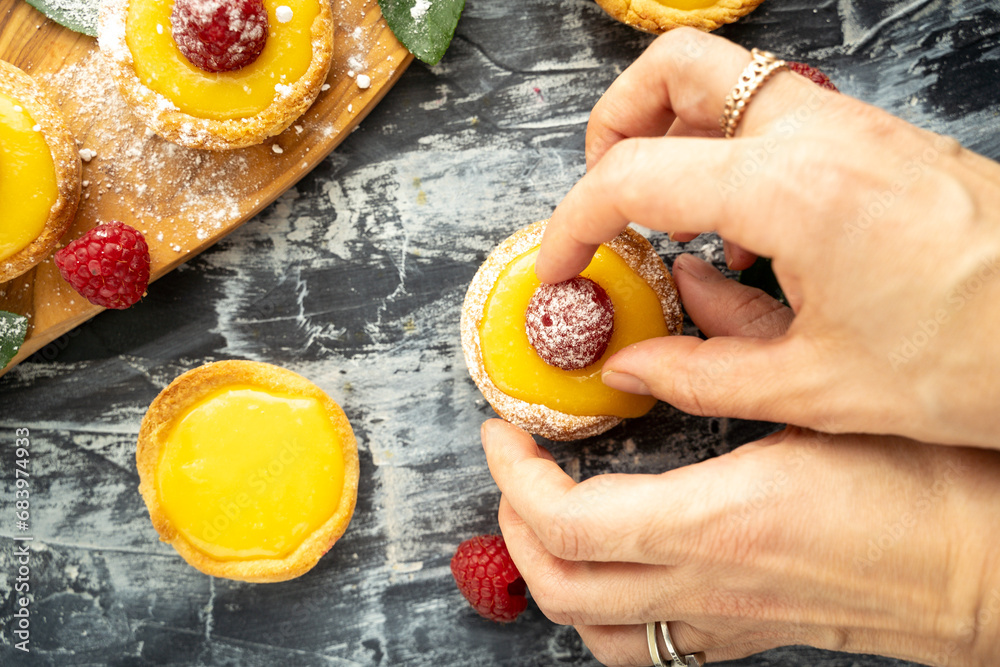 Homemade lemon pie with raspberry