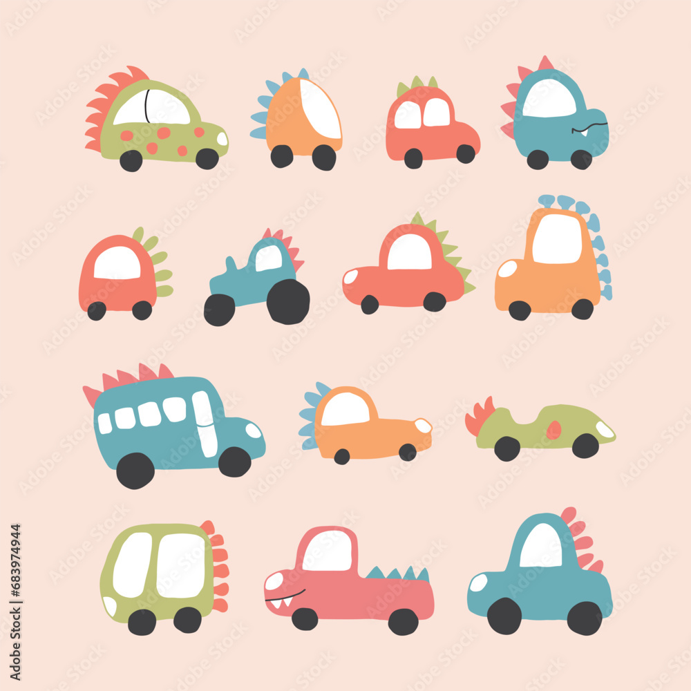 Obraz premium Cute Dino Cars collection, Cartoon dinosaur style transport set, vector Illustration