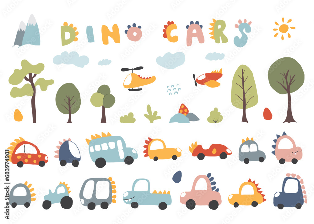 Cute Dino Cars collection, Cartoon dinosaur style transport set, vector Illustration