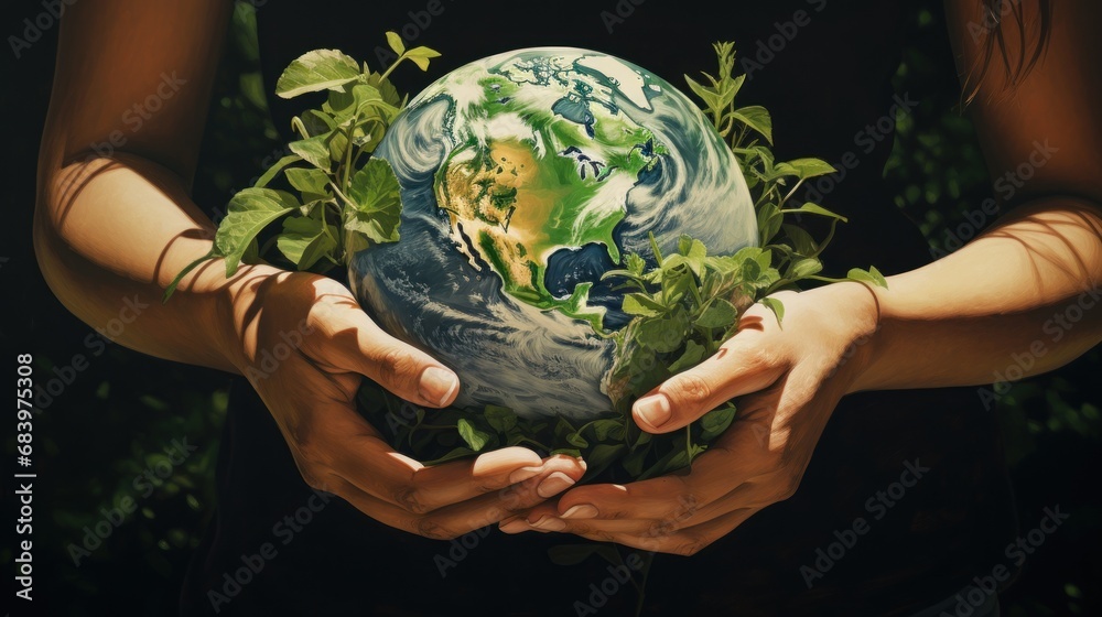a painting of two hands holding a globe with plants growing out of it ...