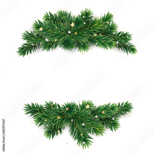 Christmas tree decoration on transparent background, vector illustration. Holiday fir tree garland, festive Christmas frame. Winter season wreath, realistic spruce branch with golden confetti. Vector.