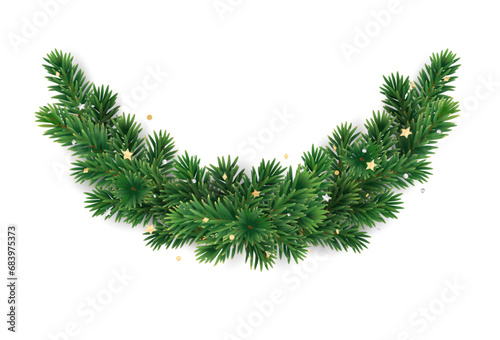 Christmas tree decoration on transparent background. Holiday fir tree garland, festive Christmas divider. Winter season frame, realistic spruce branch with golden confetti. Vector.