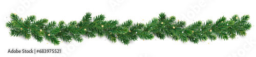 Christmas tree garland on transparent background. Holiday fir tree decoration, festive Christmas divider. Winter season frame, realistic spruce branch with golden confetti. Vector.