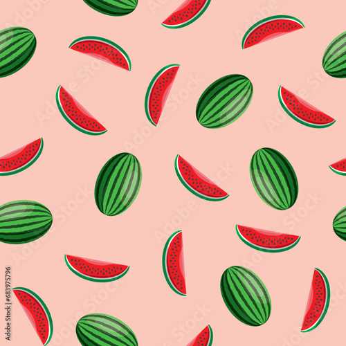 Fototapeta Naklejka Na Ścianę i Meble -  Watermelon seamless pattern. Vegan organic eco fruit background. vector illustration.