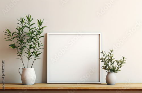 Blank mock up poster frame on wall pastel beige color, Scandinavian home interior design of modern