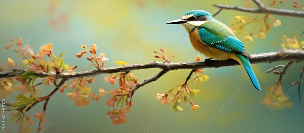 In the vast expanse of untouched nature, a breathtaking landscape comes alive with the gentle rustle of leaves and the vibrant hues of wildlife. A majestic bird perches on a branch, its feathers