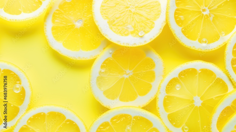  a group of sliced lemons sitting on top of each other on top of a yellow surface with drops of water on them.