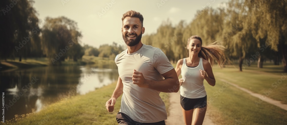 Couple running near the lake in the park city during the morning exercise. AI generated image - obrazy, fototapety, plakaty 
