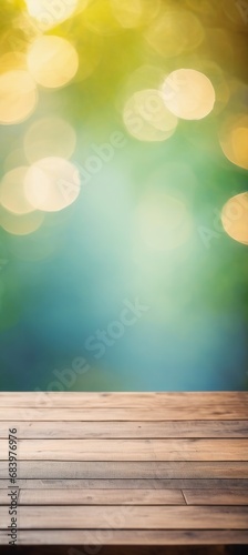generative ai. An empty wooden table with a blurred garden on the background. Wooden table top on a blurry abstract blue-green background, bokeh. For mounting a product display or a visual design layo