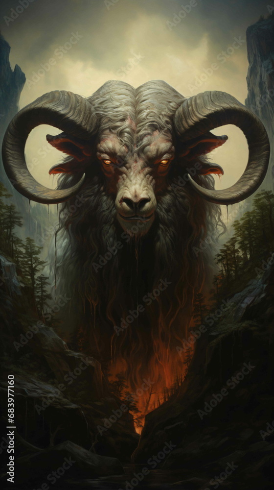 A giant ram monster with large horns standing in a forest