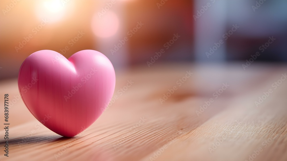 Fototapeta premium Close up of a pink Heart on a wooden Table. Blurred Background