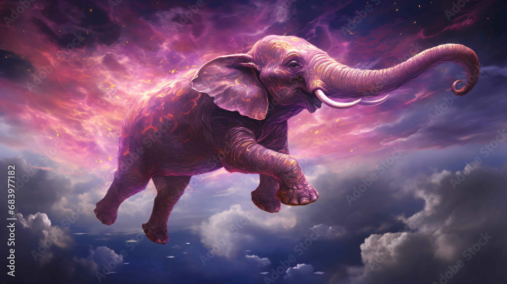 A pink elephant flying through the sky - obrazy, fototapety, plakaty 