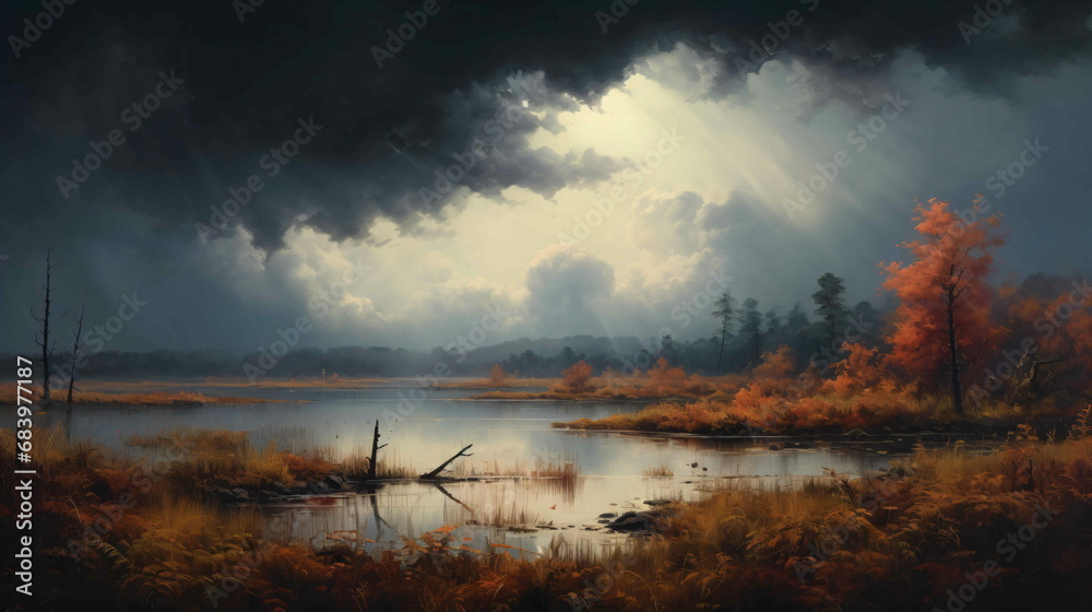 A painting of a storm coming in over a lake A painting of a storm coming in over a lake