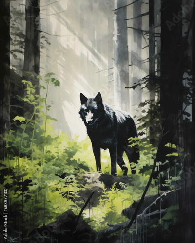 A painting of a wolf in the woods © Eduardo
