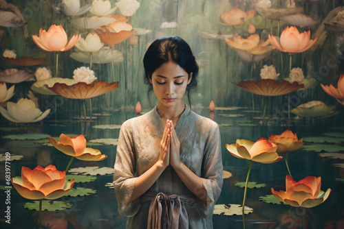 Papier peint A woman meditating standing in front of a background of water lillies
