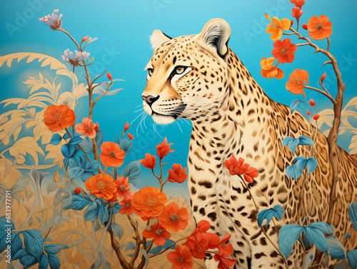 A painting of a leopard surrounded by flowers