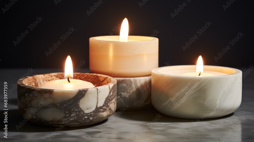 three candles sitting on top of a table next to a bowl of food and a cup with a candle in it. three candles sitting on top of a table next to a bowl of food and a cup with a candle in it.