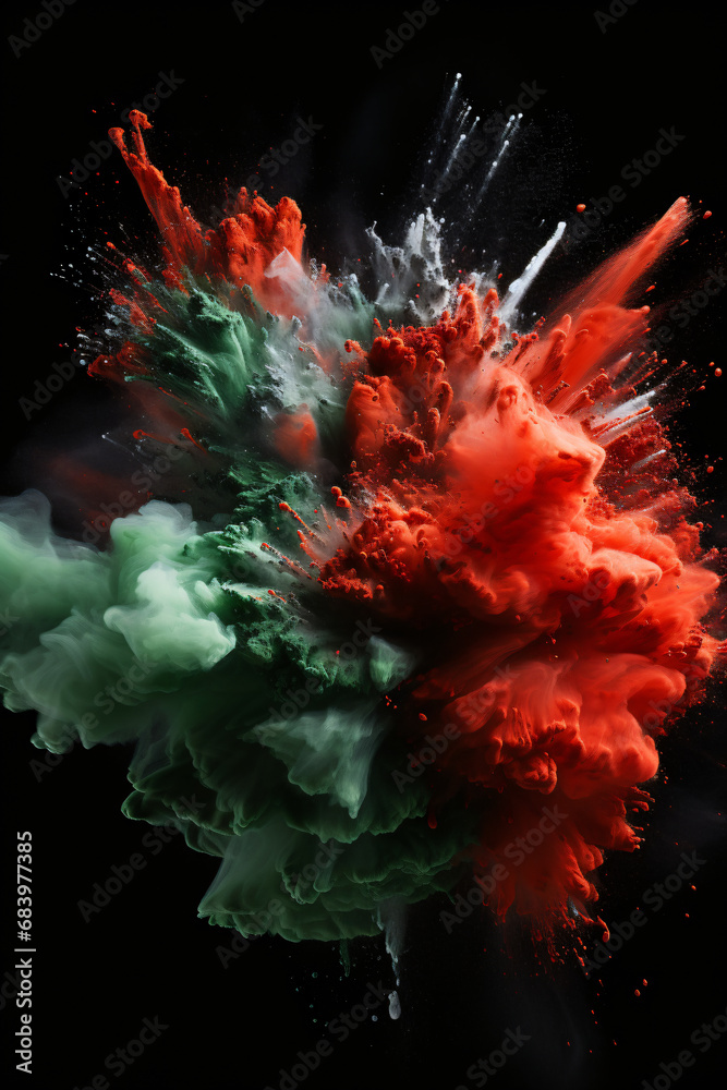Green, red and grey powder explosion
