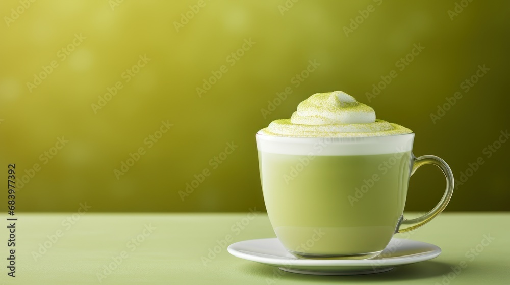 a cup of green tea with a whipped cream topping on top of it, sitting on a saucer on a green table. a cup of green tea with a whipped cream topping on top of it, sitting on a saucer on a green table.