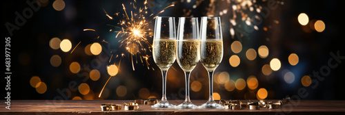Champagne glasses on table with fireworks background