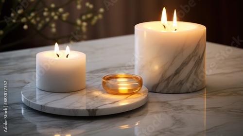  a couple of white candles sitting on top of a marble counter top next to a couple of gold wedding rings.