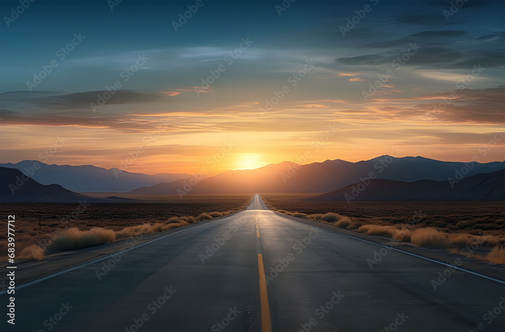 sunset on the road   ai generative