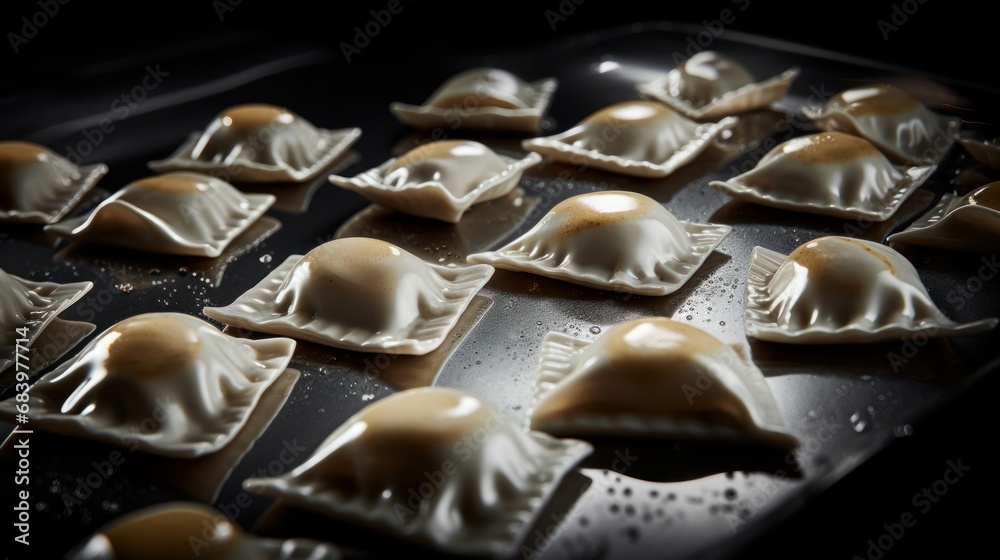  a close up of a tray of dumplings on a table with water droplets on the top of the dumplings.