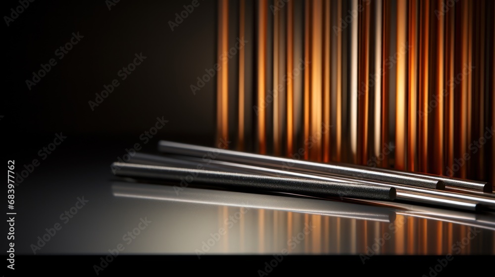 a pair of scissors sitting on top of a table next to a pair of black and gold colored metal blades. a pair of scissors sitting on top of a table next to a pair of black and gold colored metal blades.