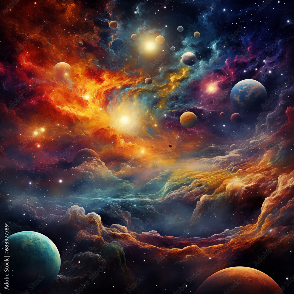 space art trippy colorful planet landscape illustraion with stars, planets and nebulas night sky