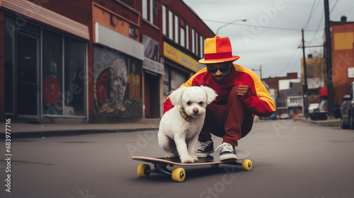 Homme faisant du skateboard avec son caniche à Montréal  © Leopoldine