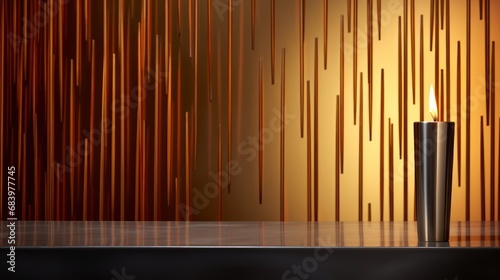  a lit candle sitting on top of a table in front of a wall with wooden slats in the background.