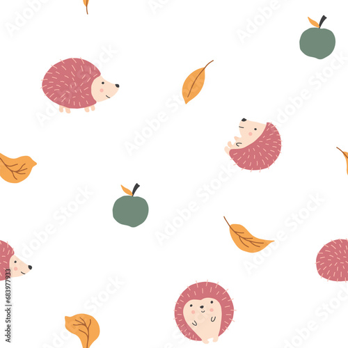 Cute Hedgehog Seamless Pattern, Cartoon animal background vector Illustration © saint_antonio