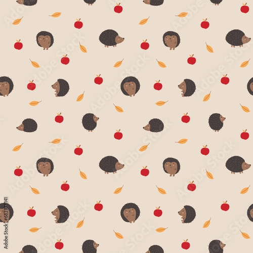 Cute Hedgehog Seamless Pattern, Cartoon animal background vector Illustration