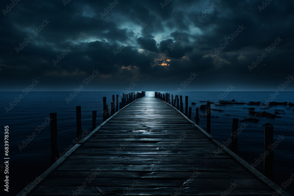 Moonlit pier at night with wooden walkway