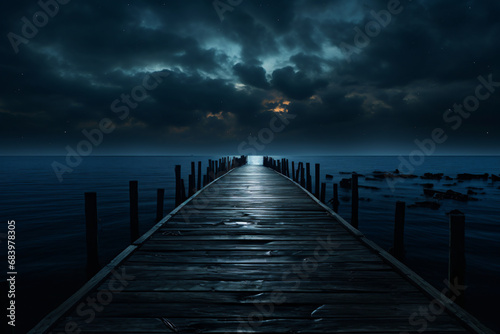 Moonlit pier at night with wooden walkway