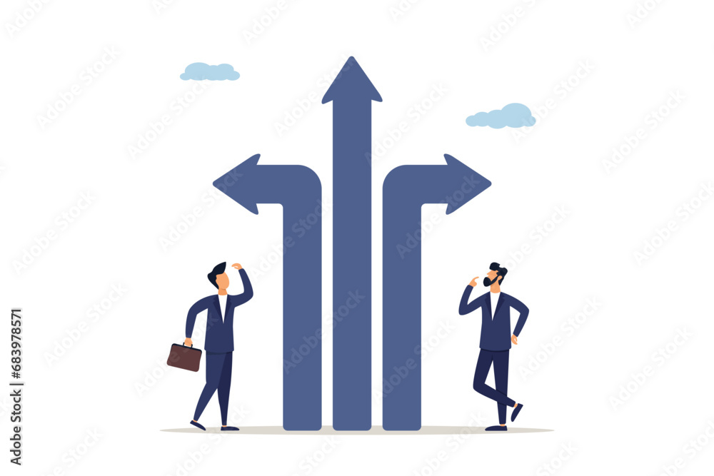 Choice of direction, crossroads or career path decision, determination or difficult decision concept, business people thinking about different career path. Illustration