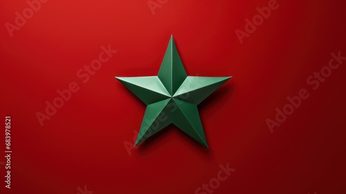  a green origami star sitting on top of a red wall in the middle of a room with a red wall behind it.
