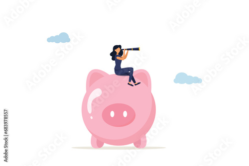 Financial future, opening investment opportunities, stock market mutual fund or pension fund, asset or savings management concept, businesswoman riding a piggy bank looking through a spyglass to see t © Andrii