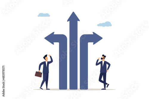 Choice of direction, crossroads or career path decision, determination or difficult decision concept, business people thinking about different career path. Illustration