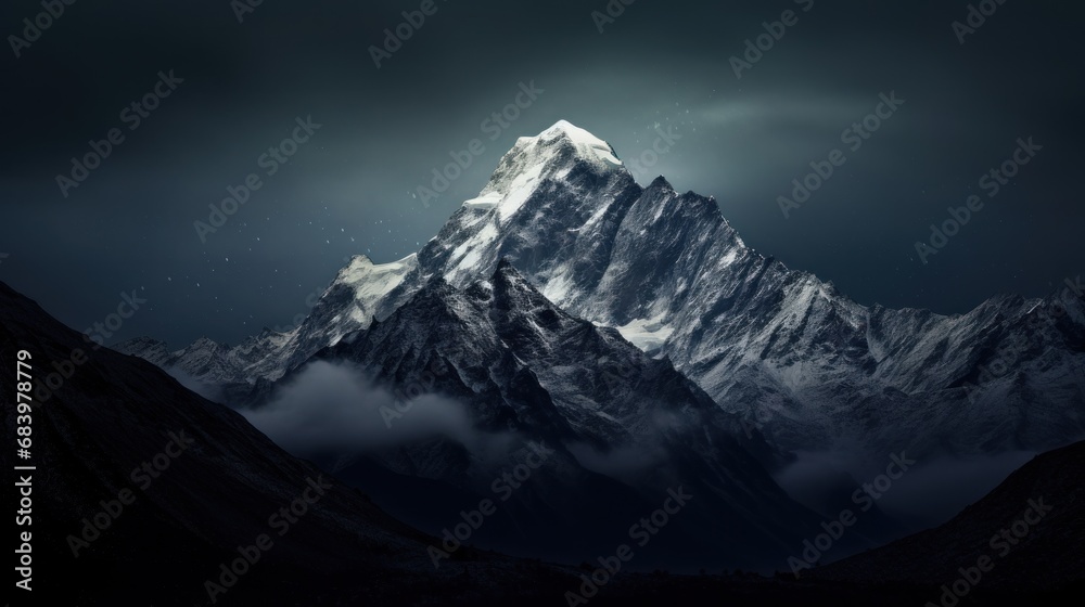  a very tall mountain in the middle of a dark sky with a full moon in the middle of the mountain.