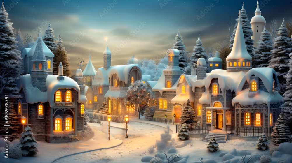 Obraz premium Christmas Card Design: Snow-Covered Vintage Village in Winter 3D Illustration